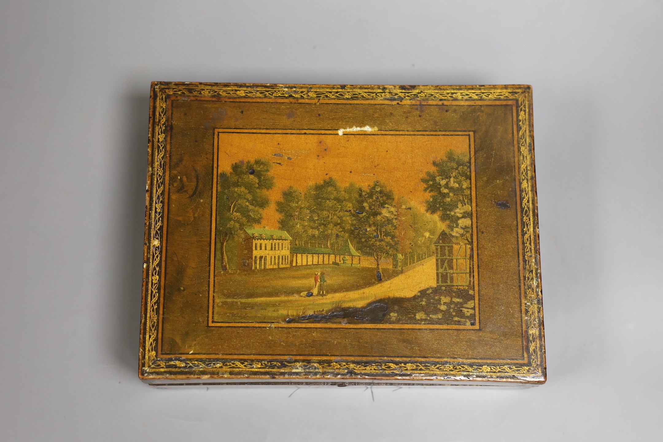 A 19th century Belgian stained sycamore box containing four counter boxes with named views, with mother of pearl fish shaped and circular gaming counters